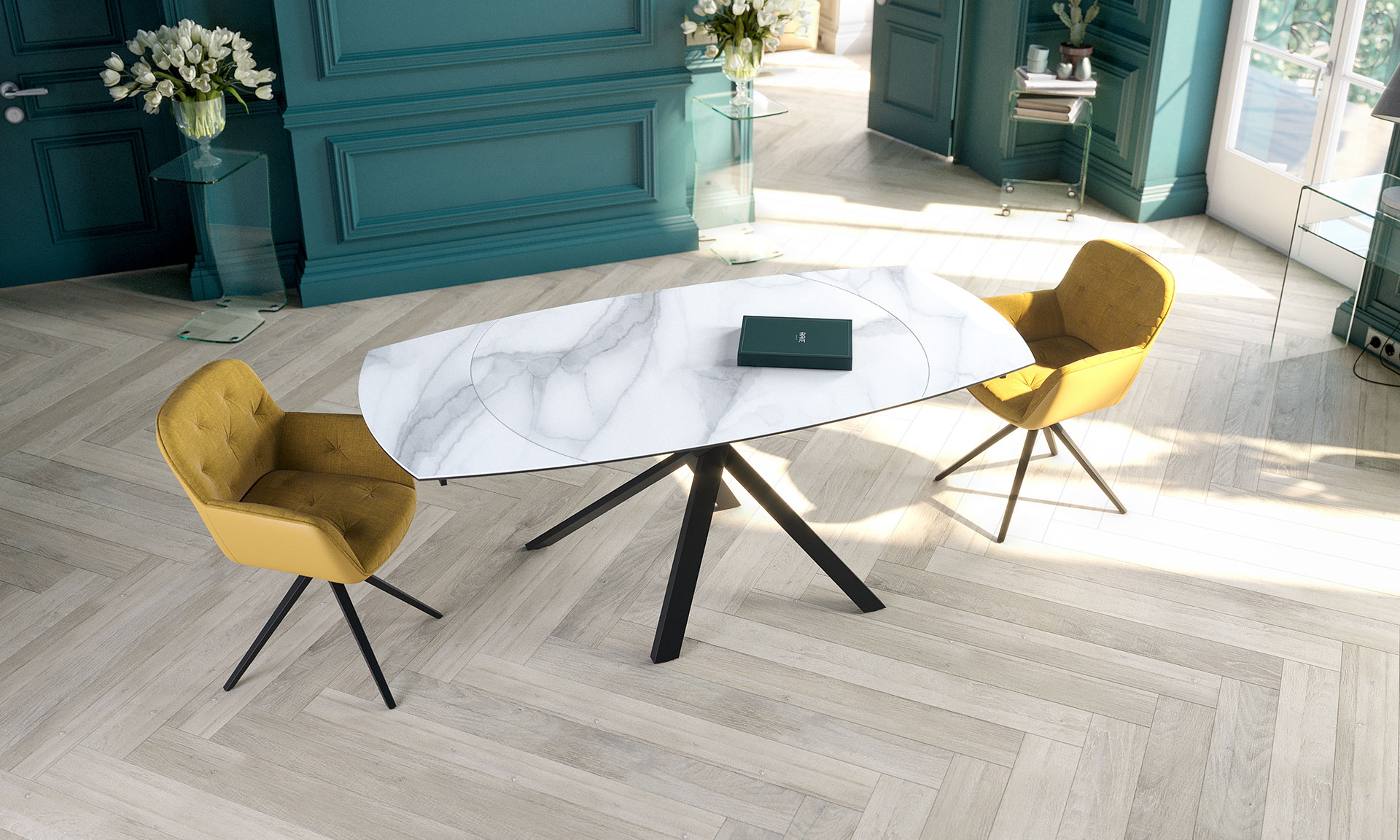 Photo d'une salle à manger avec une collection comprenant une table de repas ouverte et chaise. Les meubles présentent des finitions en céramique effet marbre et des piétements en métal noir.