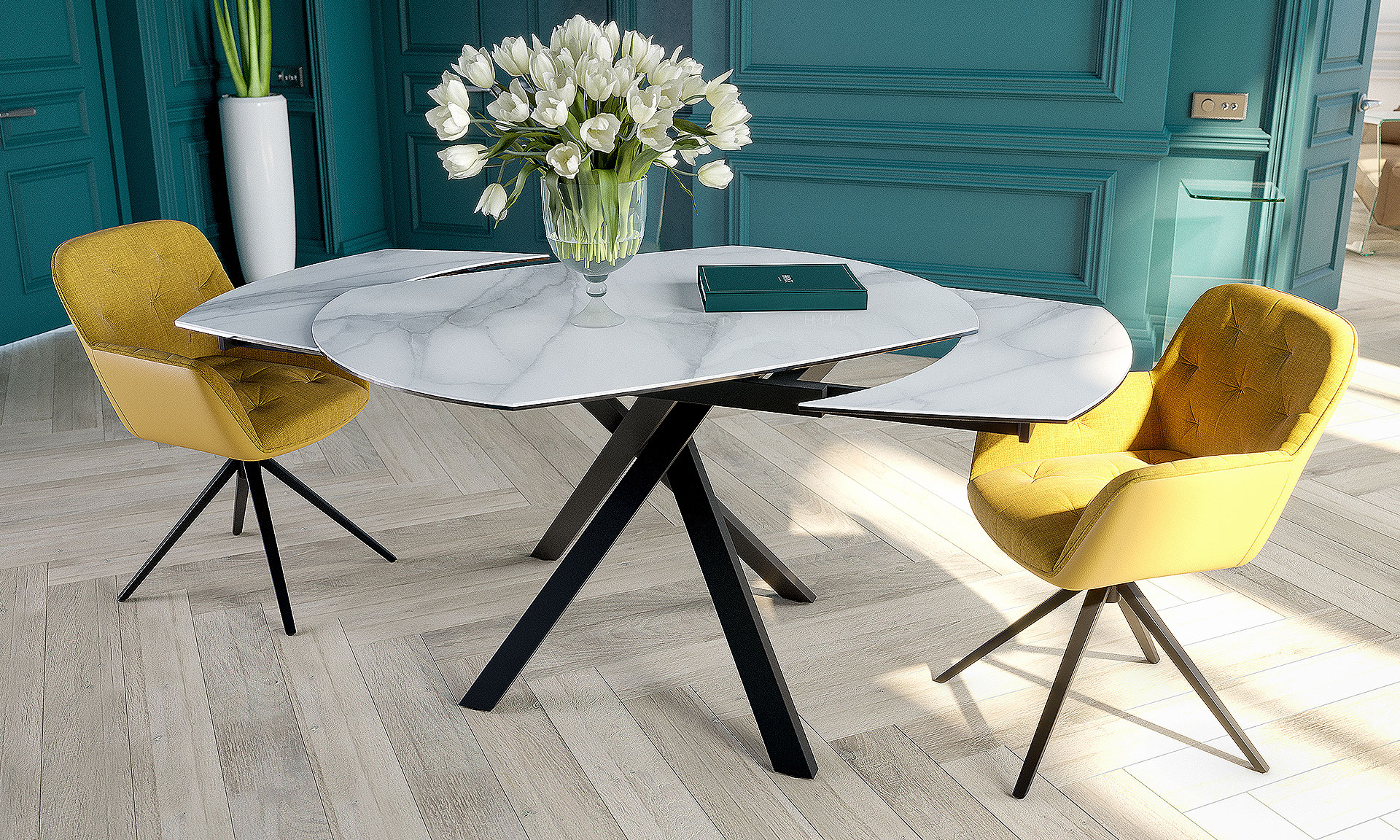 Photo d'une salle à manger avec une collection comprenant une table de repas et chaise. Les meubles présentent des finitions en céramique effet marbre et des piétements en métal noir.